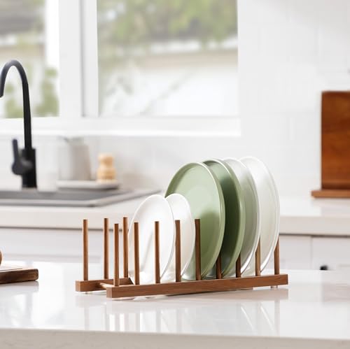 2pcs Acacia Wooden Dish Dying Rack Pot Lid Plate Organizer Holder for Cabinet (Acacia 8 Slots 2pcs)