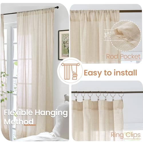 Linen Curtains 98 Inches Long for Living Room (Natural / 52"W x 98"L (Pack of 2))