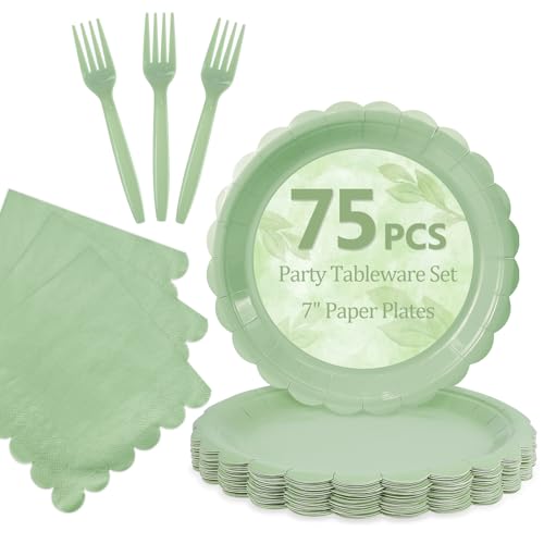 Sage Green Paper Plates and Napkins (Sage Green 75 Plates Set / 7-inch Set)