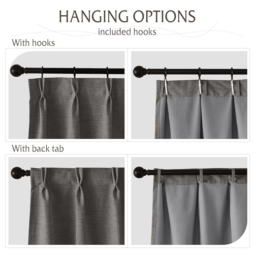 Pinch Pleated Back Tab Curtains Linen Textured 100% Blackout Curtains Thermal Insulated for Bedroom Living Room Bay Window Drapes (Grey / 40"W x 90"L (Pack of 2))