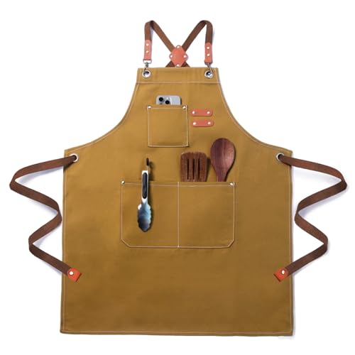 Chef Cotton Canvas Apron for Men Women with Pockets Brown (Brown)