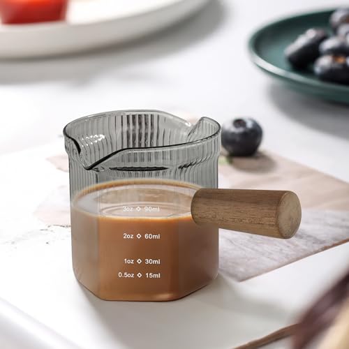 4 oz Grey Double Spouts Measuring Triple Pitcher Milk Cup with Wood Handle (4 Oz Double Spouts Smoke Grey Colored Measuring)