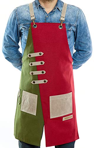 Apron for Women and Men Waterproof Canvas Extra Pocket for Chef Barista Gardening BBQ Grilling Crossback Unisex (Green Red)