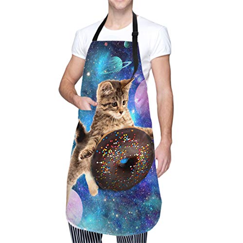 Doughnut Cat Kitchen Apron with 2 Pockets Home Gardening BBQ Grill Chef Cooking Aprons for Women Men Gifts Cute Kitten (33" x 28"(Pack of 1) / Donut Cat)