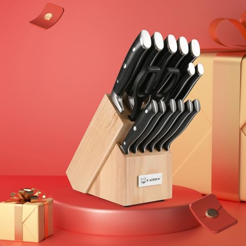 15 Piece German Steel Kitchen Knife Set with Block (15 pieces / NaturalBlack)