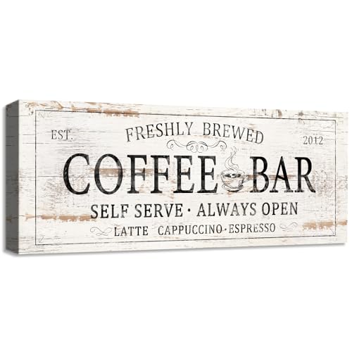 Coffee Bar Sign Decor Rustic Kitchen Canvas Sign Farmhouse Bar Hanging Wall Decor Self Serve Always Open Vintage Plaque Signs for Coffee Station Home Office 6x17 (17L" x 6W" / AI23-07-coffee bar)