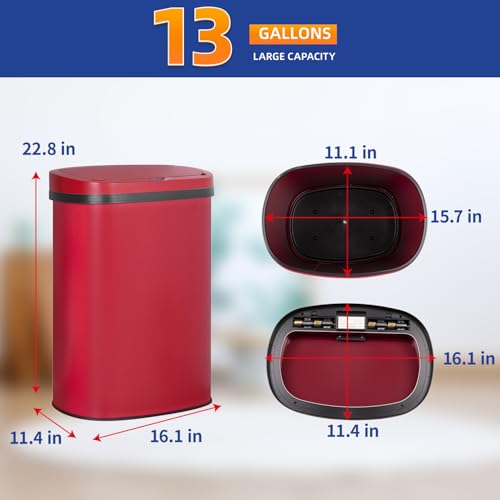 13 Gallon Stainless Steel Trash Can with Lid (Stainless Steel / Red)