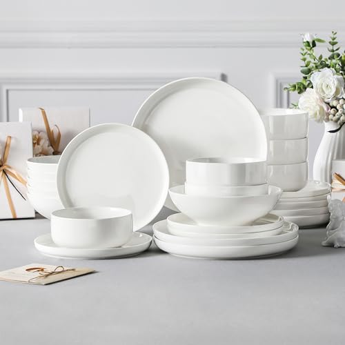 24 Pcs Porcelain Plates and Bowls Sets (Ivory White / 24 Pcs (Service for 6))