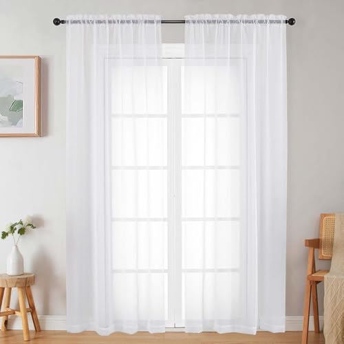 Sheer White Curtains for Bedroom Living Room 90 Inches Long 2 Panels Set (White / 42"W x 90"L (Pack of 2))