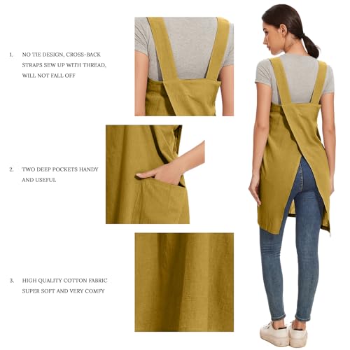 Women Apron with 2 Pockets Cotton Linen Kitchen Baking Cooking Chef Cross Back Pinafore Dress for Work Restaurant Gardening (Medium / Yellow)
