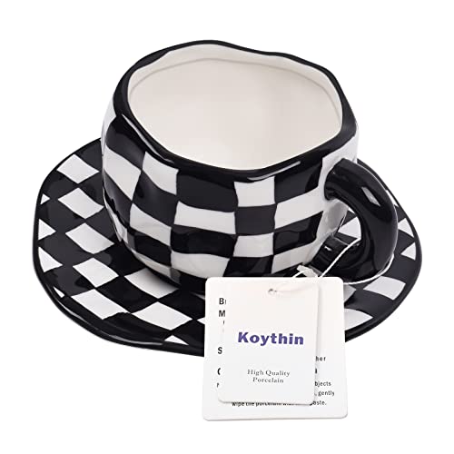 10oz Ceramic Coffee Mug With Saucer (Black and White Plaid)