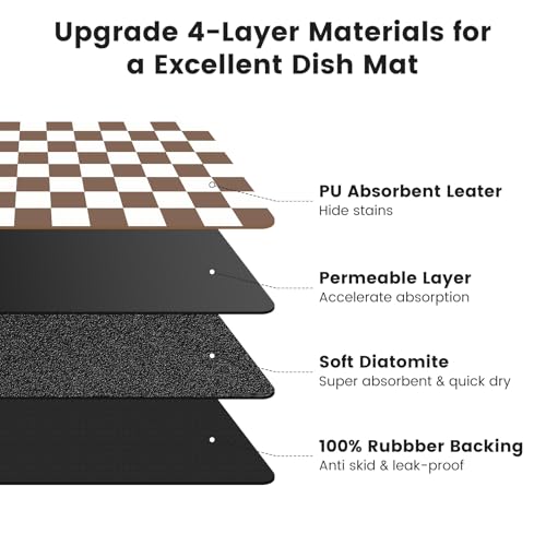 Checkered Dish Mat for Kitchen Coffee Station (Coffee Brown / 17" x 32")