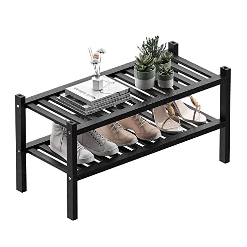 2 Tier (Thick) Bamboo Shoe Rack for Closet Free Standing Wood Shoe Shelf for Entryway Small Space Stackable 27"x12"x14" (Black) (Black / 2 Tier(Thick))