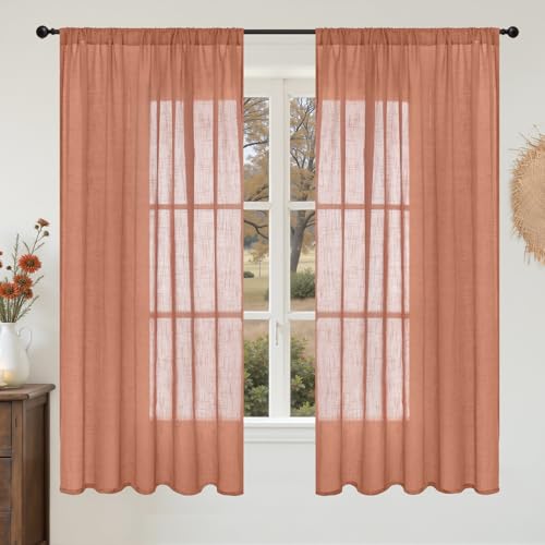 Terracotta Linen Sheer Curtains 63 Inches Long for Living Room (Terracotta / 52"W x 63"L (Pack of 2))