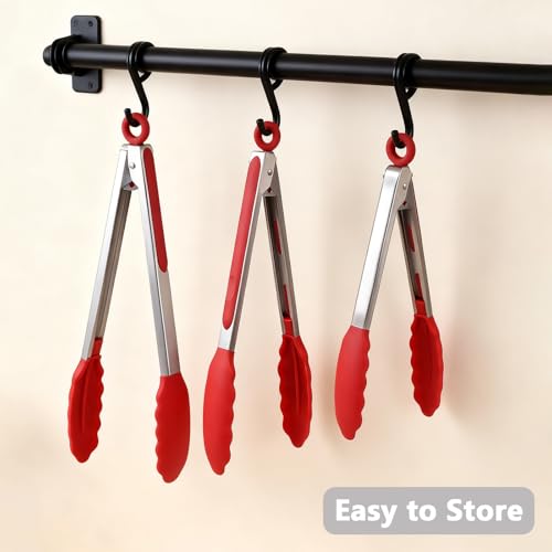 Kitchen Tongs for Cooking w Non (Red / 3Pcs, 7+9+12 Inch)