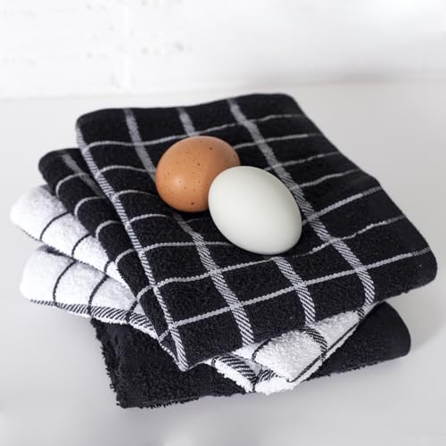 Premium 100% Cotton Terry Check Kitchen Dish Towels (Black / 3-Pack - Kitchen Towel)