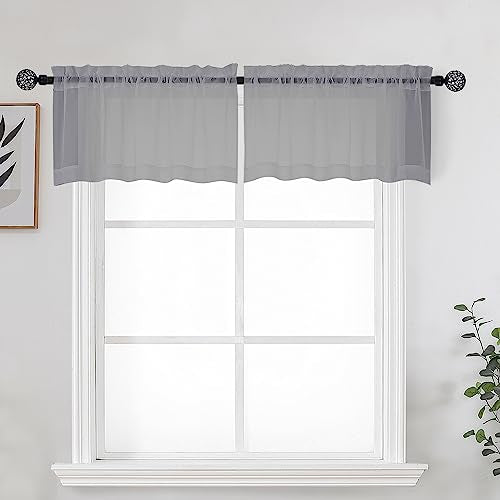 Grey Sheer Kitchen Valance for Windows Set of 2 (Grey / 42"W x 14"L (Pack of 2))