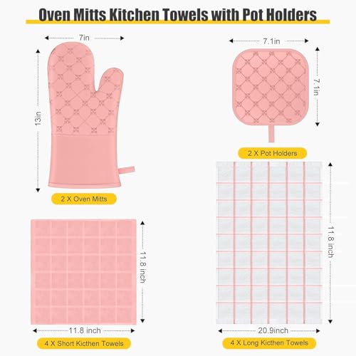 Oven Mitts Kitchen Towels Dishcloths with Pot Holders Sets 12PCS (Pink)