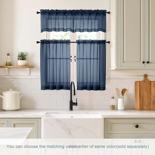 Navy Blue Small Sheer Curtains Tier 24 Inches Length 2 Pieces (42"W x 24"L (Pack of 2) / Navy Blue)