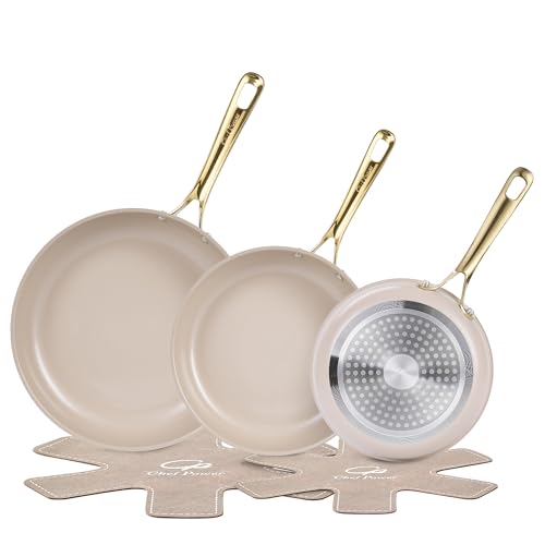 Ceramic Frying Pan with Stainless Steel Handle 5Pcs Set (Taupe and Light Gold)