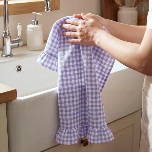 2 Pcs Purple Gingham Kitchen Towels Cotton Ruffled (Purple / Gingham)
