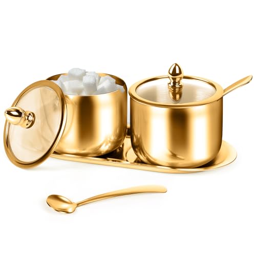 2 Pcs Coffee and Sugar Dispenser with Tray (Gold)