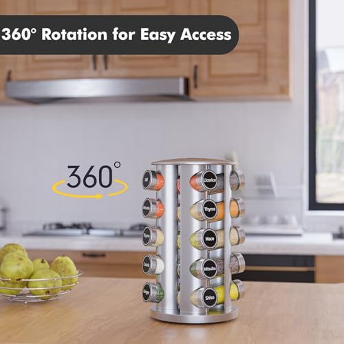 Revolving Spice Rack Set with 20 Spice Jars (20 Jars / Silver)