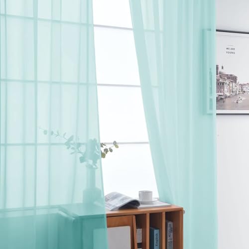 Basic Rod Pocket Sheer Voile Window Curtain Panels Sky Blue 1 Pair 2 Panels 52 Width 54 Inch Long for Kitchen Bedroom Children Living Room Yard（Sky Blue (Sky Blue / 52"W x 54"L (Pack of 2))