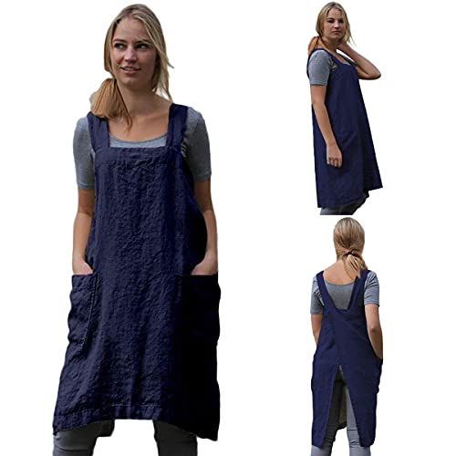 Cotton Linen Apron Cross Back Apron for Women with Big Pockets Square Pinafore Dress for Baking Cooking BBQ & Grill (Blue / Large)