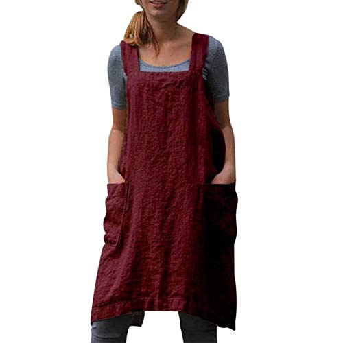 Cotton Linen Apron for women Cross Back Apron Pinafore Dress for Baking Cooking Gardening Work (Red / Small)