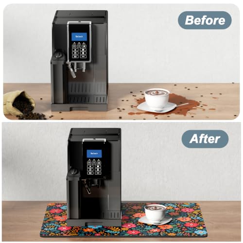 Coffee Mat 12" x 19" Coffee Bar Mats for Espresso Machine Station Accessories and Organizer (Boho Colorful Garden / 12" x 19")