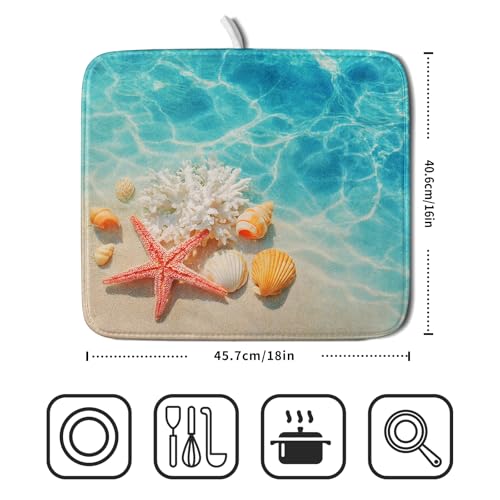 Coastal Starfish Dish Drying Mat 16"x18" Ocean Blue Sea Coral Seashell Dish Drainer Mats Nautical Beach Themed Decorative Reversible Dish Drying Pad for Kitchen Countertop Dining Room (18" x 16")