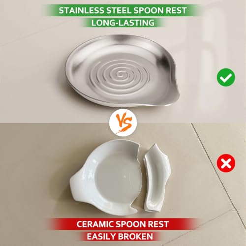 Kitchen Stainless Steel Spoon Rest for Multiple Utensils (1.Round Swirl-Silver)