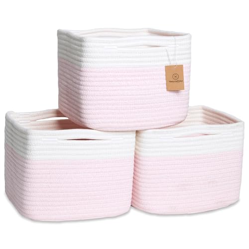 Storage Cubes 9”x9”x7”Cotton Rope Woven Baskets for Organizing 3 (Off White & Mixed Pink)