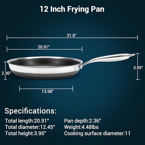 12-Inch Tri-Ply Stainless Steel Hybrid Frying Pan,Ceramic Nonstick Skillet, Induction & Oven Safe,PFAS/PFOA Free Professional Clad Cookware (12inch)