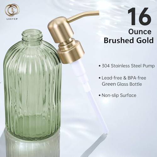 16Oz Green Glass Soap Dispenser with Rust Proof Stainless Steel Pump (Brushed Gold + Green / 1-Pack)