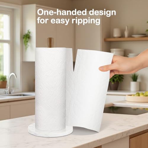 Acacia Wood Paper Towel Holder with Marble Base (Round Base / White)