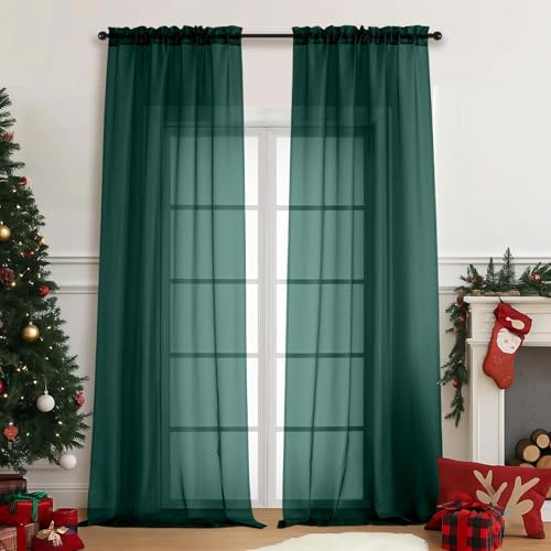 Green Sheer Curtains for Window 96 Inches Long 2 Panels (42"W x 96"L (Pack of 2) / Hunter Green)