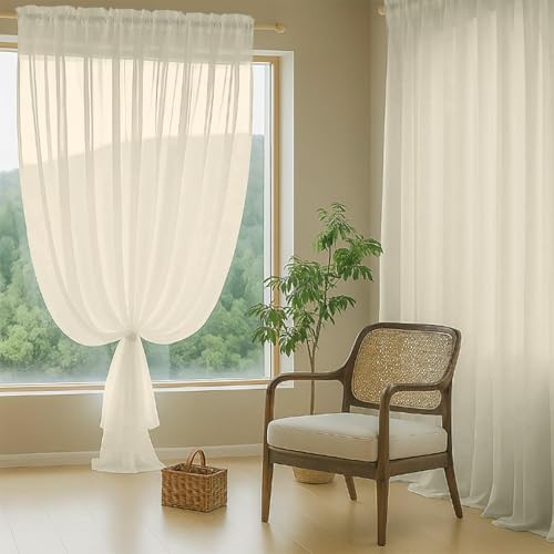 Extra Wide Cream Sheer Curtains for Windows 108 inches Long (59"W x 108"L (Pack of 2) / Cream)