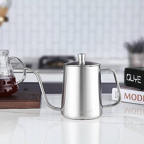 Gage Gooseneck Pour Over Coffee Kettle 12 oz Stainless Steel Hand Drip Long Narrow Spout (Silver)