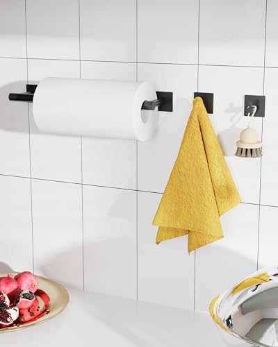 Black Paper Towel Holder Under Cabinet with 2 Hooks Self Adhesive (Black / Holder+2 Hooks)