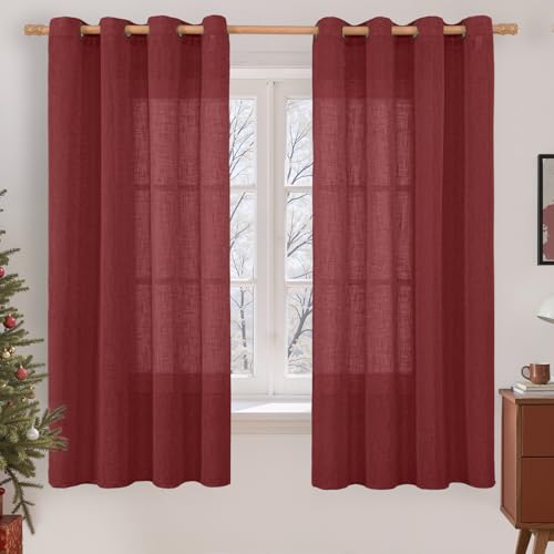 63 Inch Length Sheer Linen Curtains for Bedroom 2 Panels Set (52"W x 63"L (Pack of 2) / Burgundy Red)