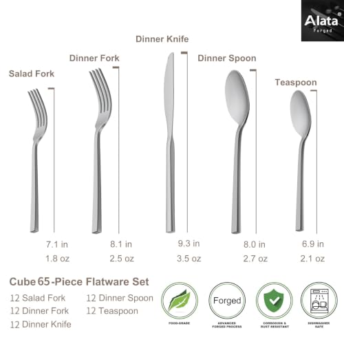 Cube 65 Piece Forged Stainless Steel Flatware Set Cutlery Set with Utensil (Silver / 65 pieces for 12)