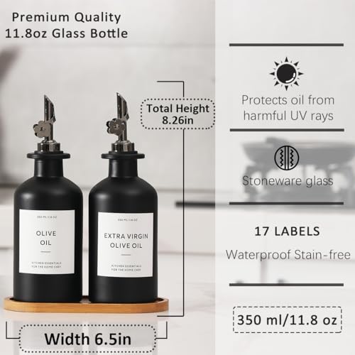 Olive Oil Dispenser for Kitchen (12oz-Black&Black Spout+Tray / 11.8 fl oz)