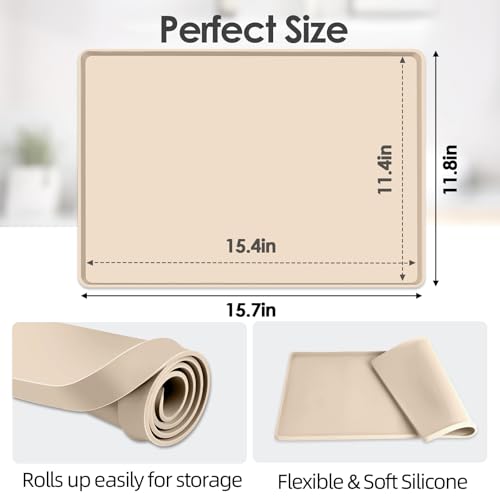 Silicone Coffee Maker Mat with Lip for Countertops (Khaki / 15.7'' x 11.8'')
