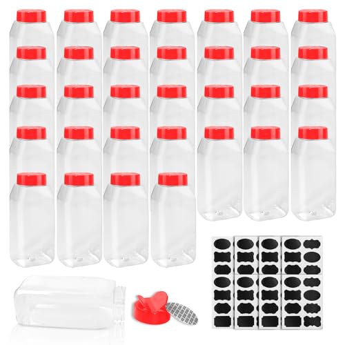 34 Pack 16 oz Plastic Spice Jars with Cap Clear Empty Square Bottle With flip lid Reusable Spice Bottle Large Seasoning Jars Powder Storage Container for Storing Seasoning Powders Supplies (Red)