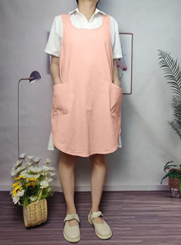 Cotton Cross Back Aprons Solid Color Cooking Kitchen Garden Smock for Women Girls with Pockets (Pink / 37W x 32L)