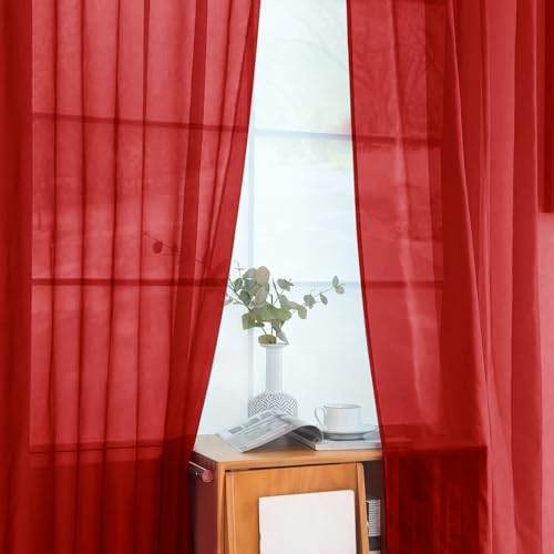 Solid Sheer Rod Pocket Curtain Voile Draperies 2 Panels White Beige Black Grey Ivory 52 Inch Width 54 Inch Long 1 Pair for Kitchen Bedroom Children Living Room Yard (Christmas Red / 52"W x 54"L (Pack of 2))