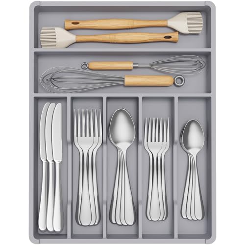 Silverware Drawer Organizer Tray (Gray / 12.3 x 16 inch (7 Slots))