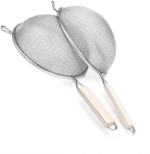 Stainless Steel Fine 8" Double Mesh Food Strainer Colander Sieve Sifter with Wooden Handle for Kitchen Rice Pasta Noodles (8")